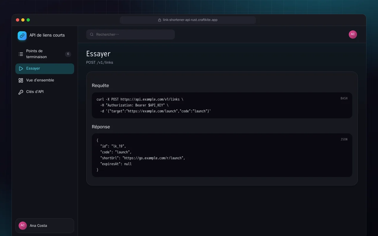 API de liens courts (Rust) : l’écran Essayer