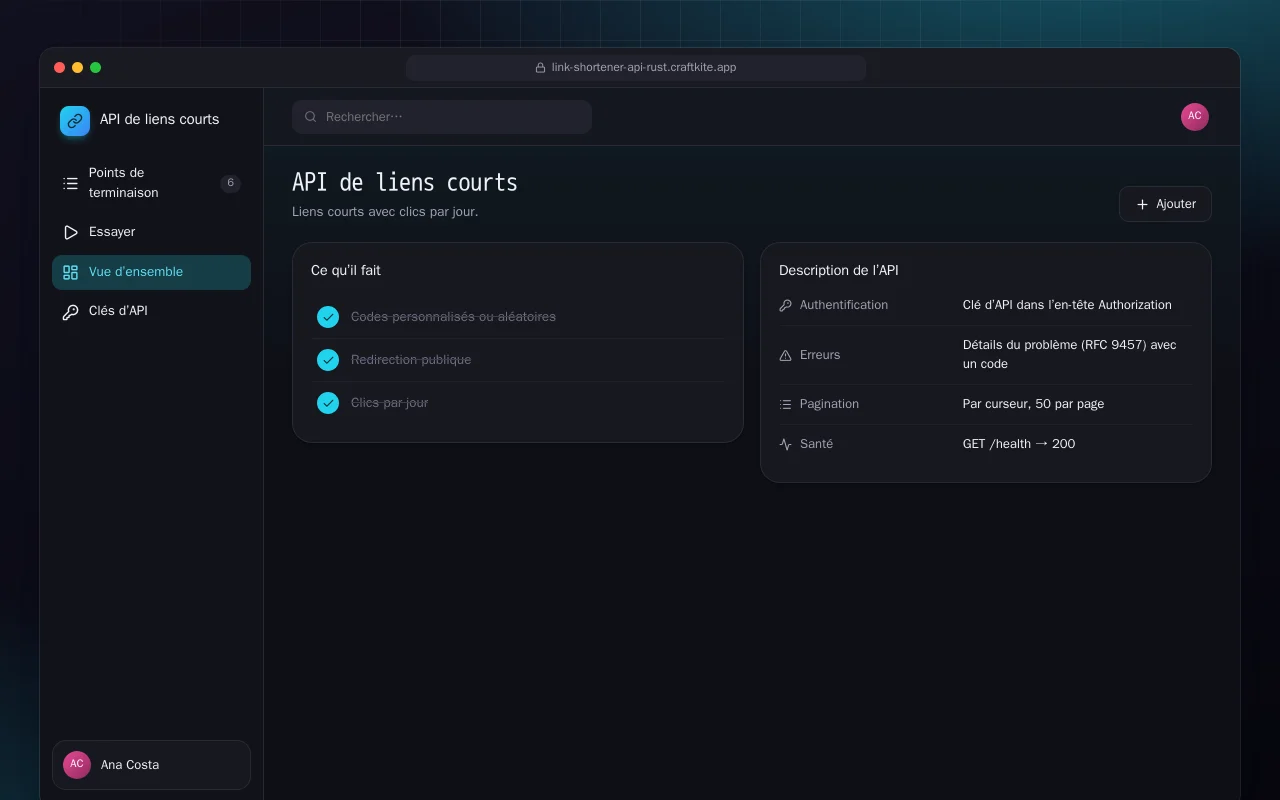 API de liens courts (Rust) : l’écran API de liens courts