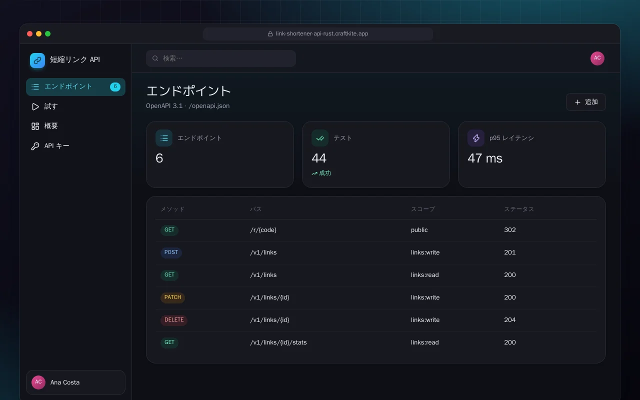 短縮リンク API（Rust）：エンドポイント画面