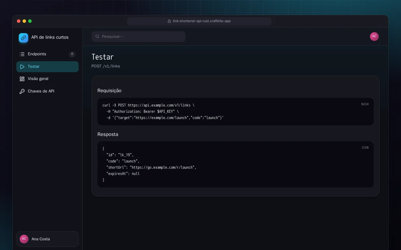 API de links curtos (Rust): a tela Testar