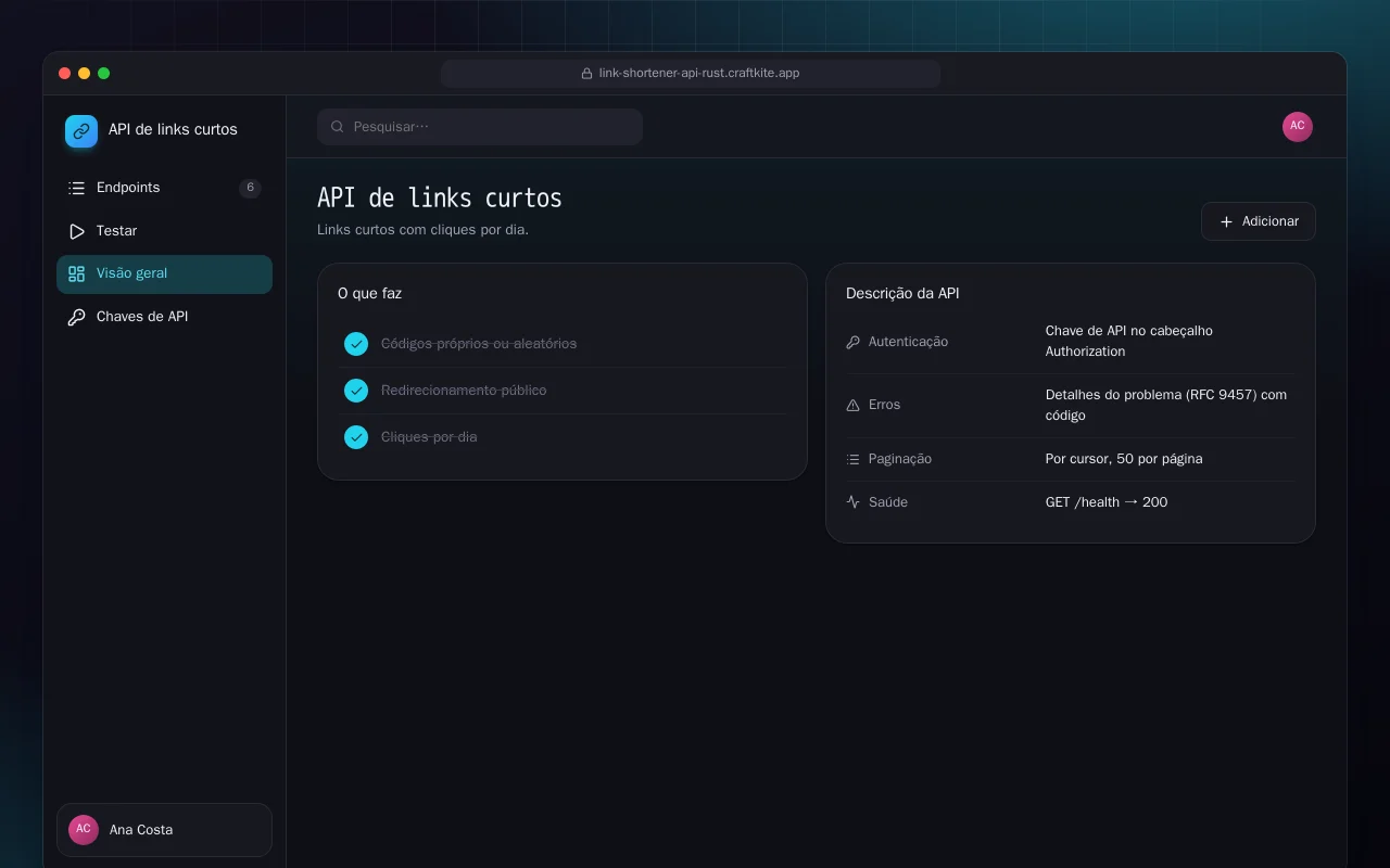 API de links curtos (Rust): a tela API de links curtos