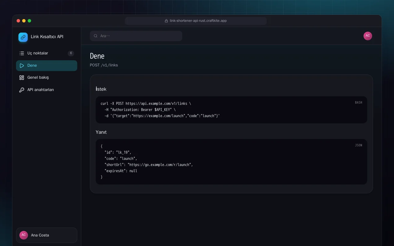 Link Kısaltıcı API (Rust): Dene ekranı