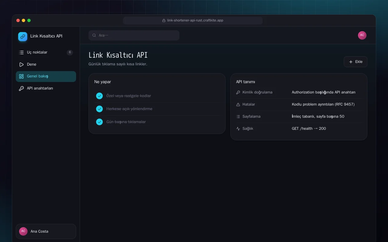 Link Kısaltıcı API (Rust): Link Kısaltıcı API ekranı