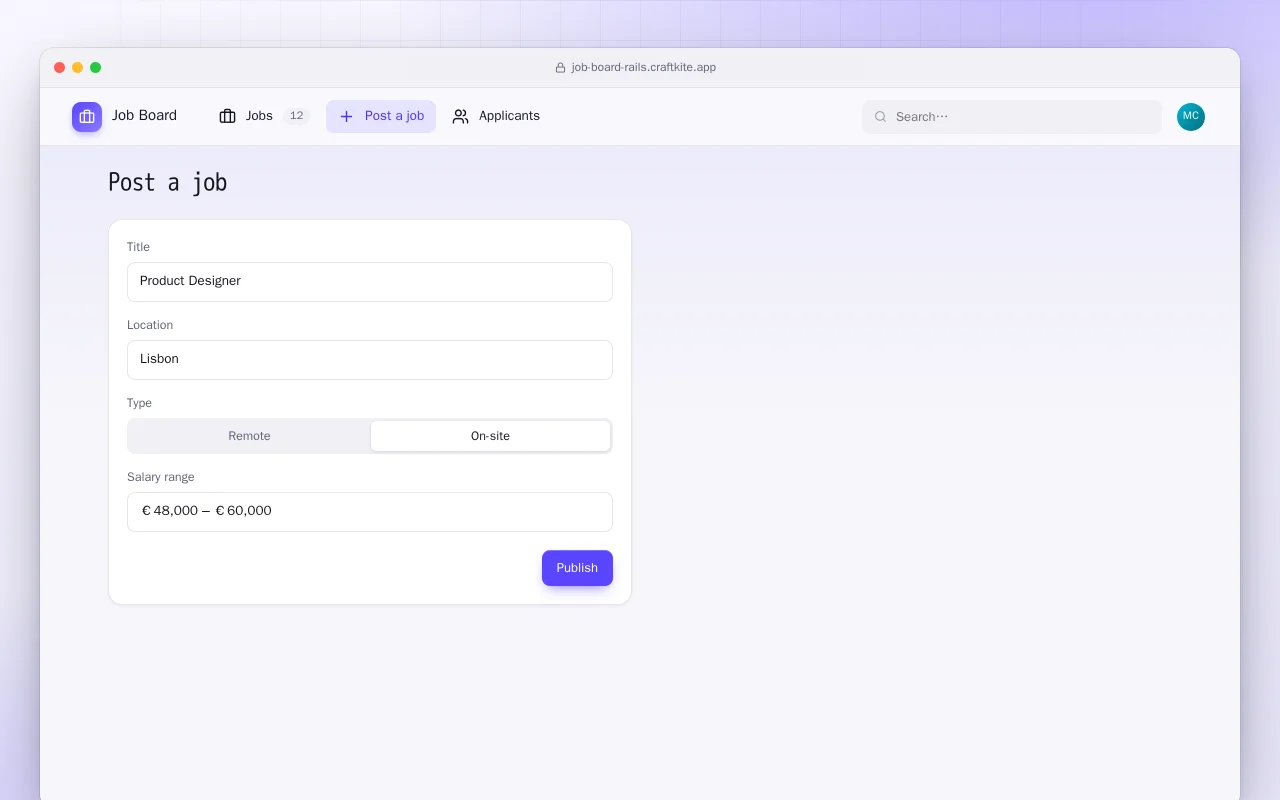 Job Board (Rails): the Post a job screen