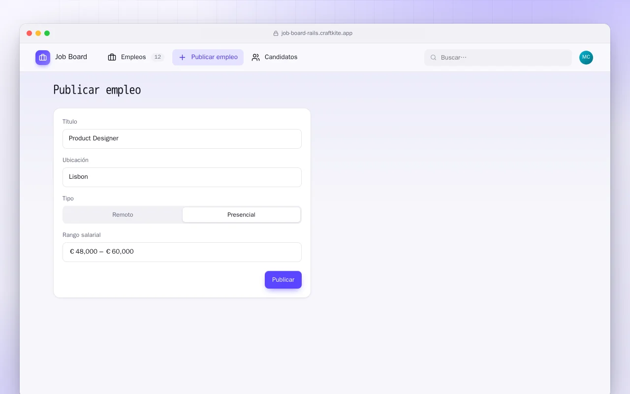 Bolsa de empleo (Rails): la pantalla Publicar empleo