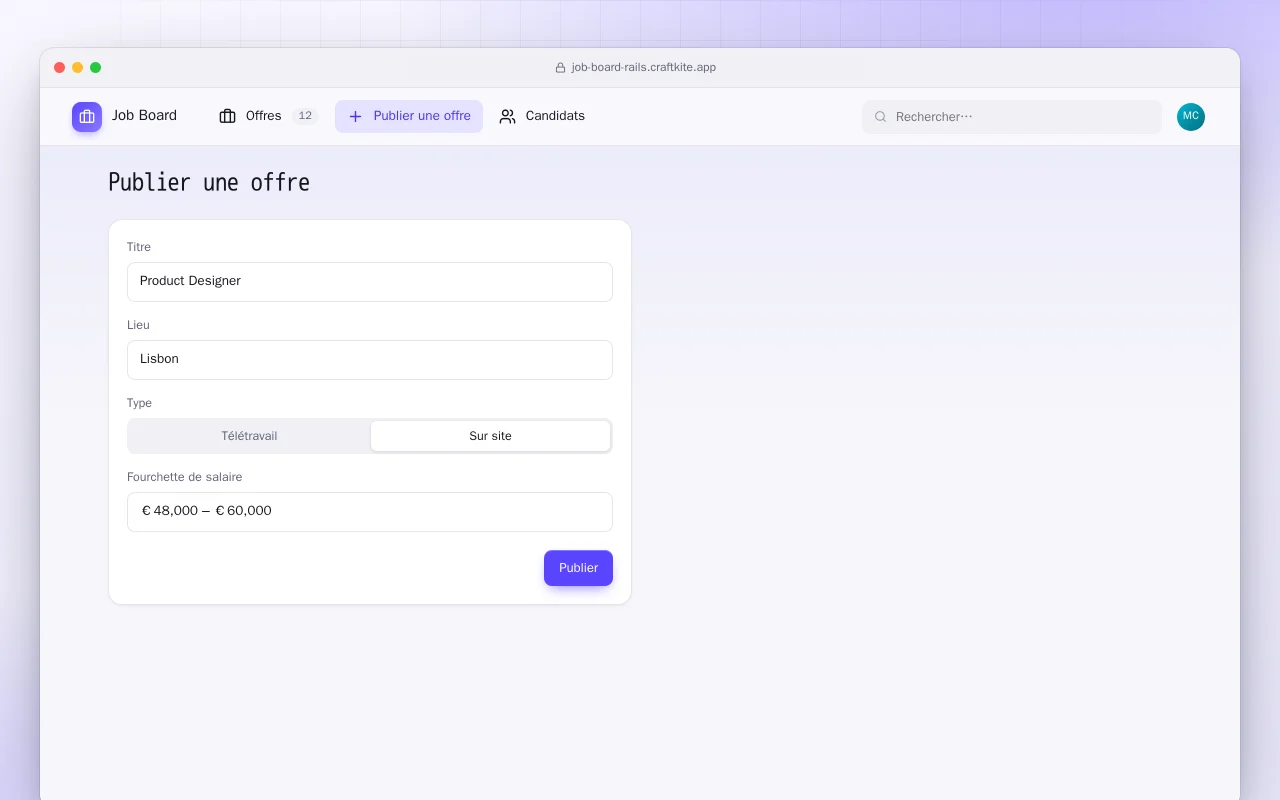Offres d'emploi (Rails) : l’écran Publier une offre