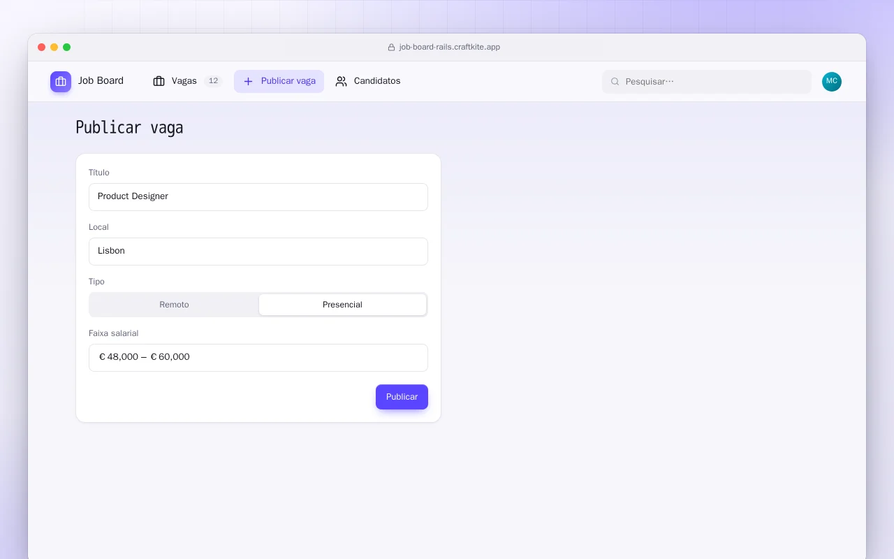 Quadro de vagas (Rails): a tela Publicar vaga