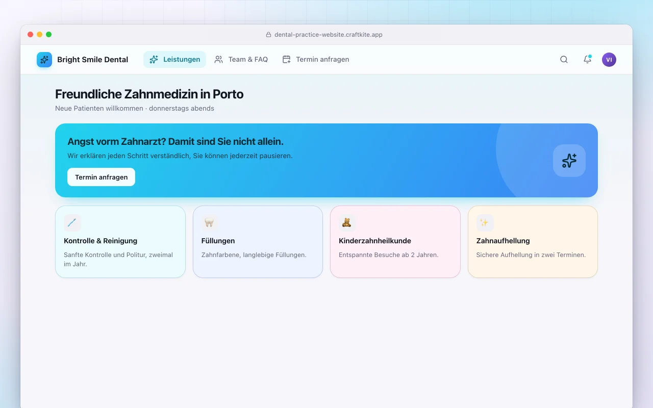 Website einer Zahnarztpraxis: der Bildschirm „Freundliche Zahnmedizin in Porto“