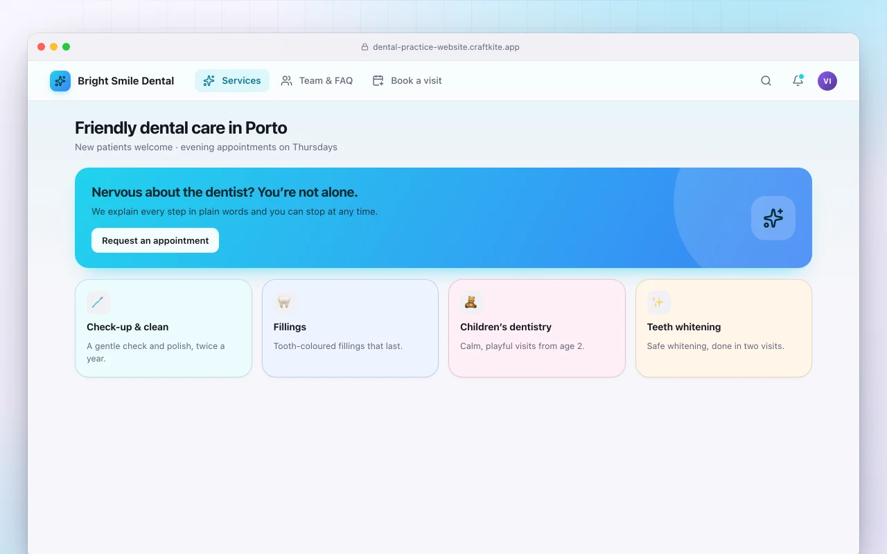 Dental practice website: the Friendly dental care in Porto screen