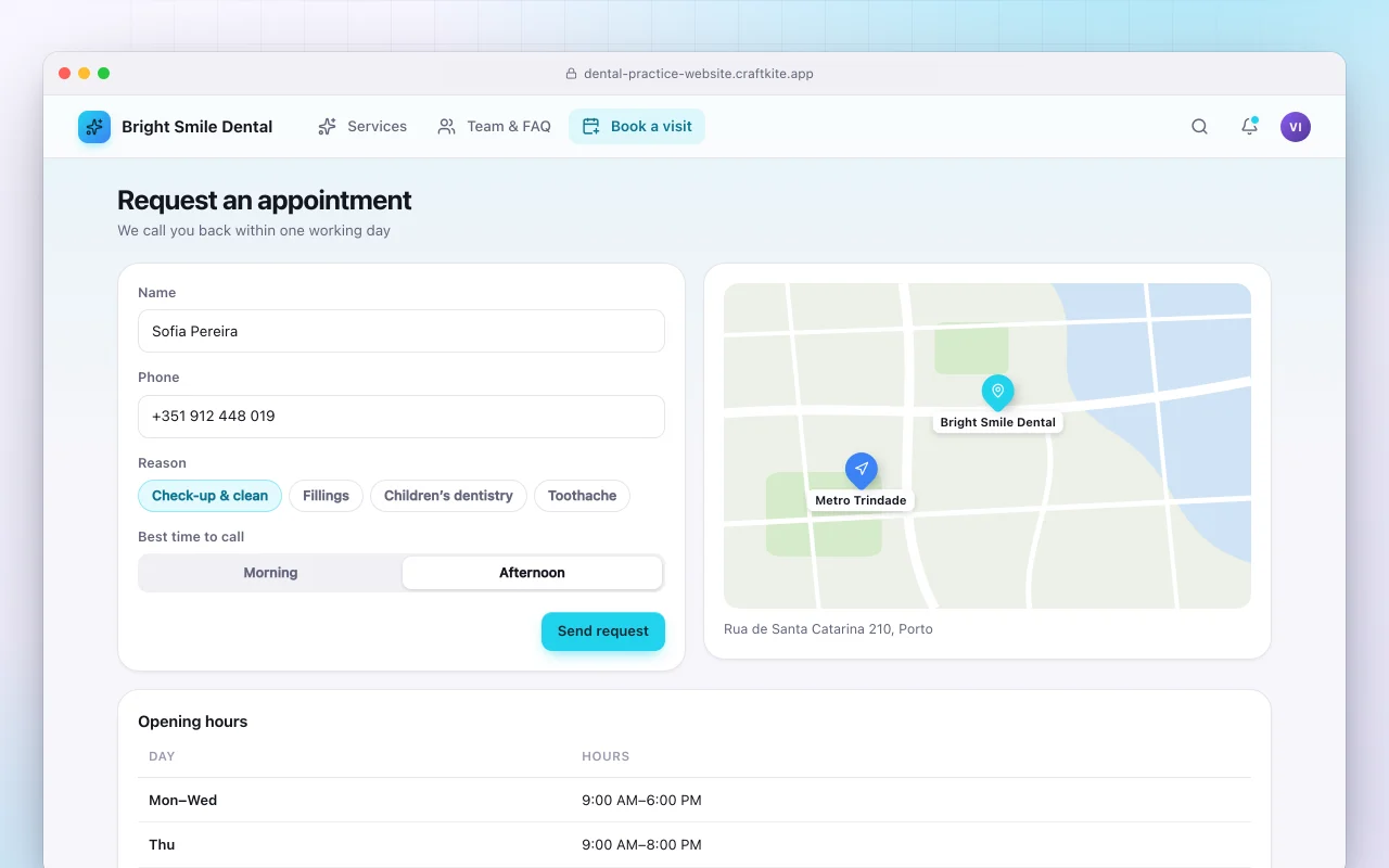 Dental practice website: the Request an appointment screen