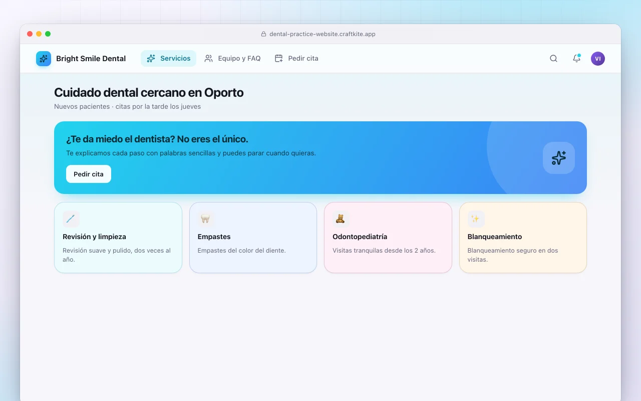 Sitio web de clínica dental: la pantalla Cuidado dental cercano en Oporto