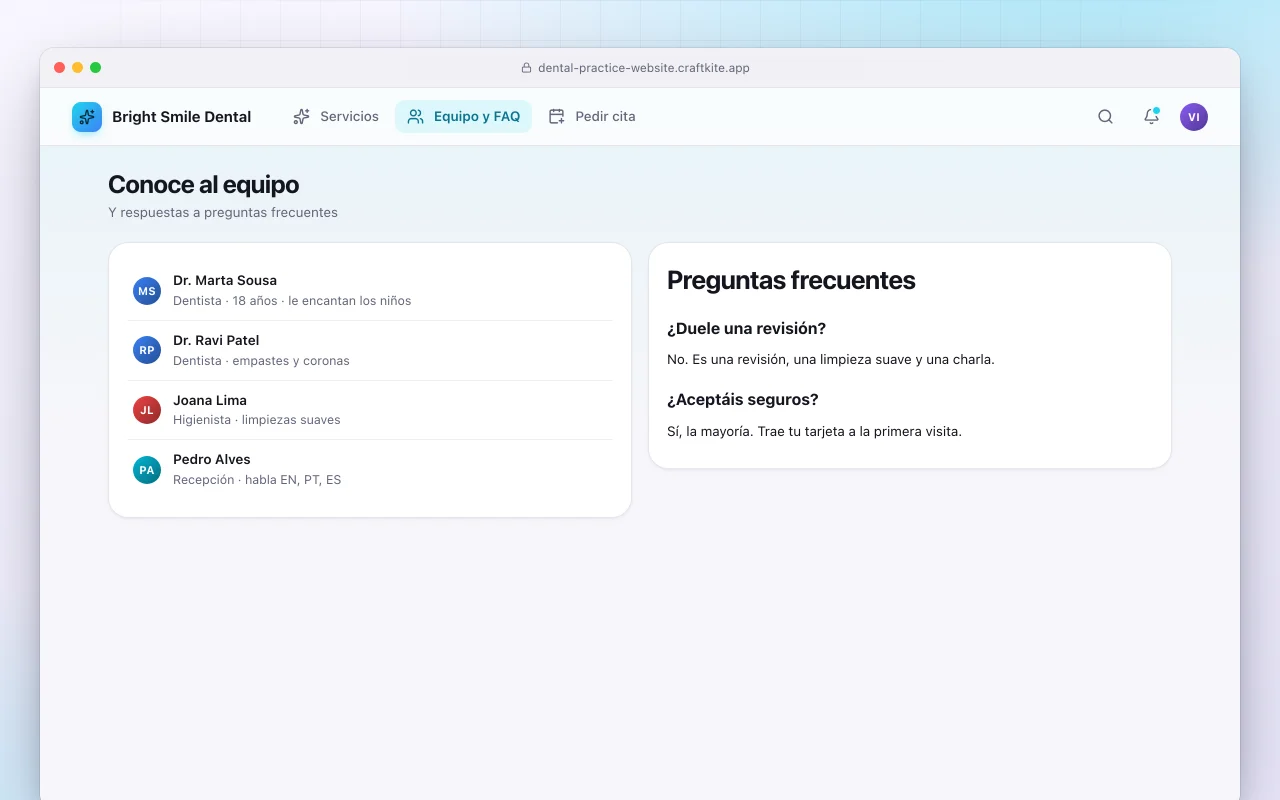 Sitio web de clínica dental: la pantalla Conoce al equipo