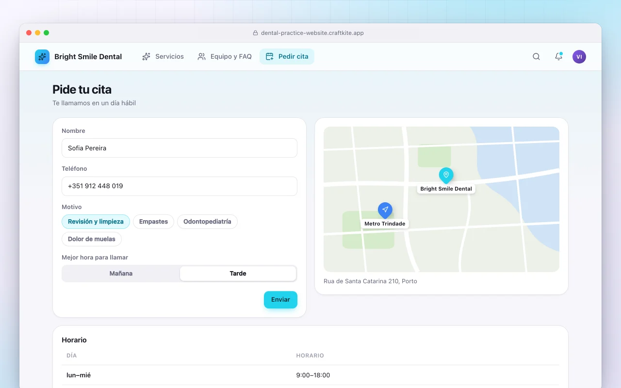 Sitio web de clínica dental: la pantalla Pide tu cita