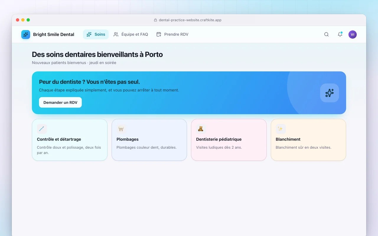 Site de cabinet dentaire : l’écran Des soins dentaires bienveillants à Porto