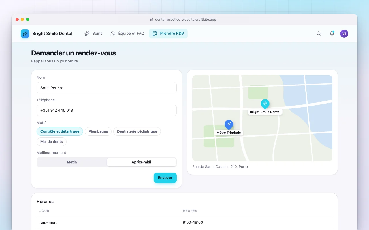 Site de cabinet dentaire : l’écran Demander un rendez-vous