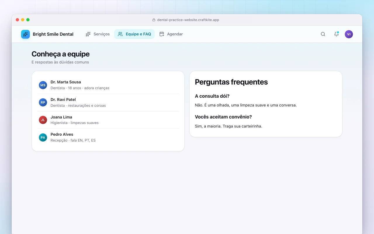 Site de consultório odontológico: a tela Conheça a equipe