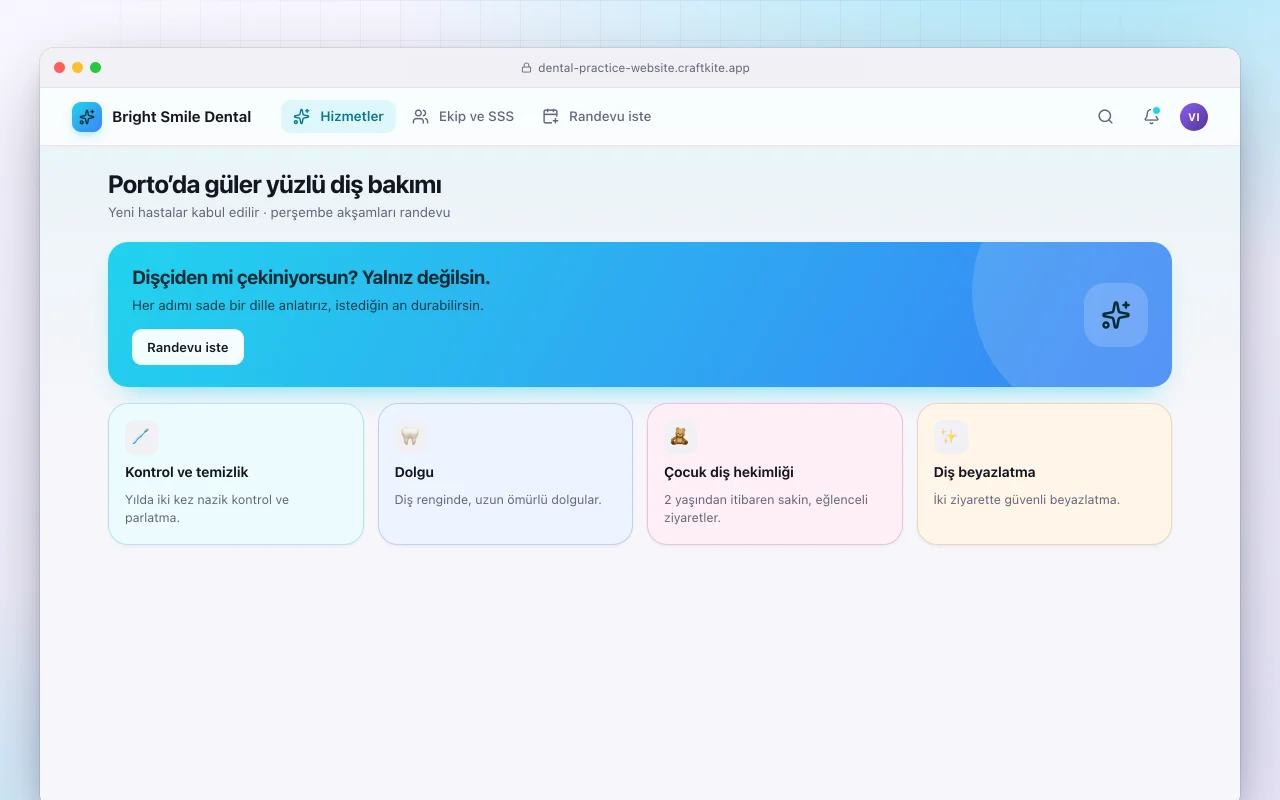 Diş muayenehanesi web sitesi: Porto’da güler yüzlü diş bakımı ekranı