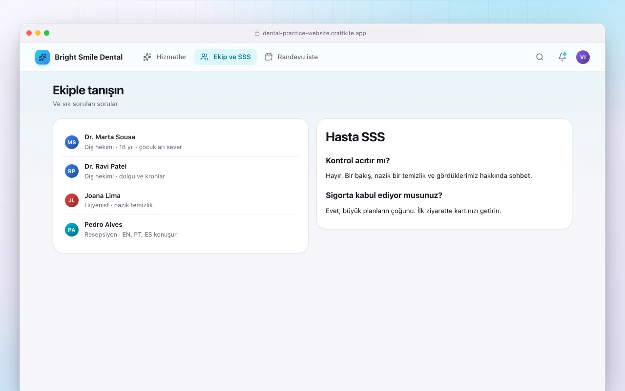 Diş muayenehanesi web sitesi: Ekiple tanışın ekranı