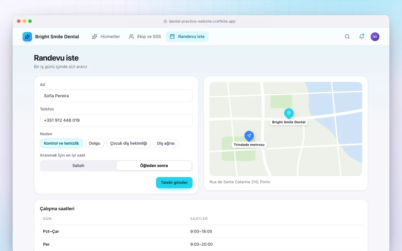 Diş muayenehanesi web sitesi: Randevu iste ekranı