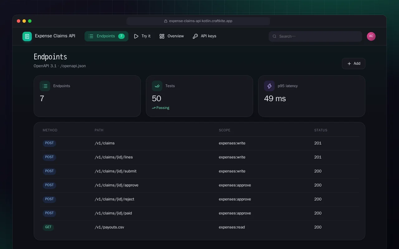 Expense Claims API (Kotlin + Spring Boot): the Endpoints screen