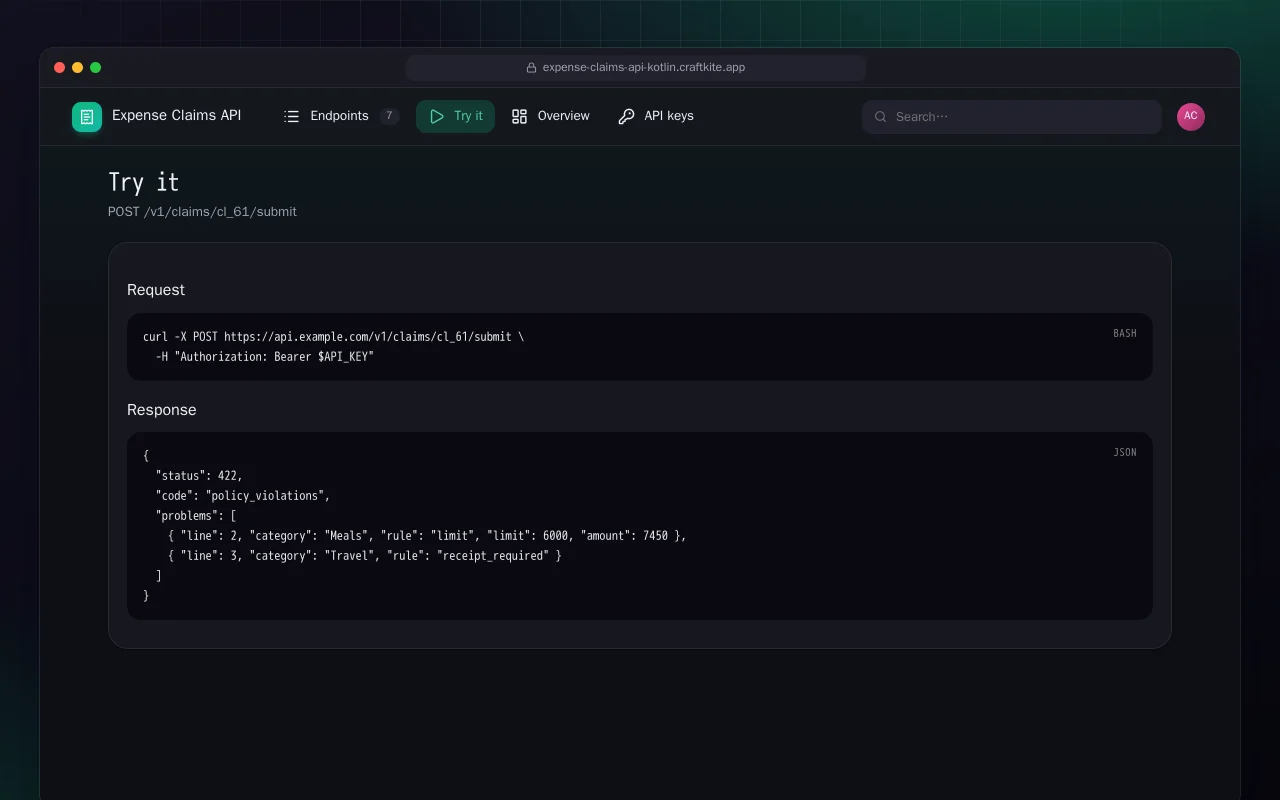 Expense Claims API (Kotlin + Spring Boot): the Try it screen