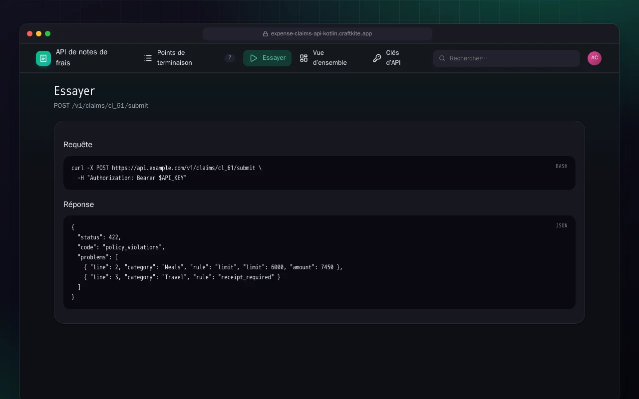 API de notes de frais (Kotlin + Spring Boot) : l’écran Essayer