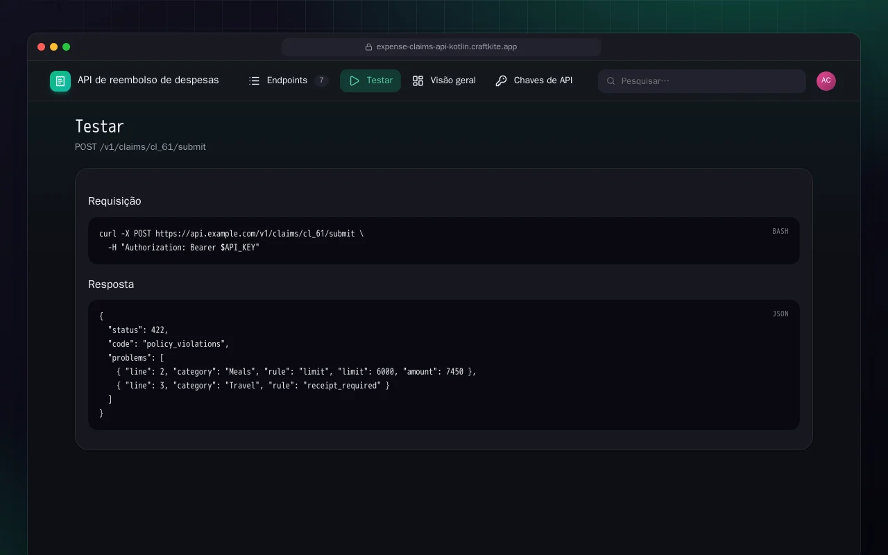 API de reembolso de despesas (Kotlin + Spring Boot): a tela Testar