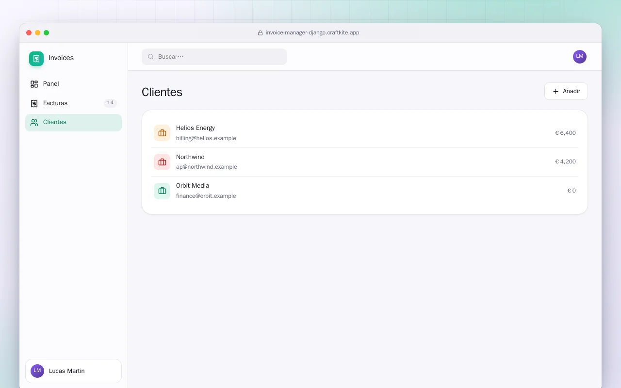 Gestor de facturas (Django): la pantalla Clientes