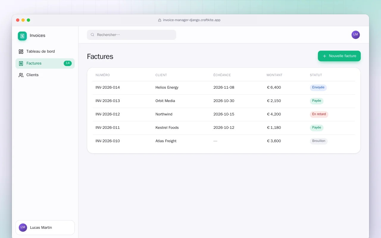Gestion des factures (Django) : l’écran Factures
