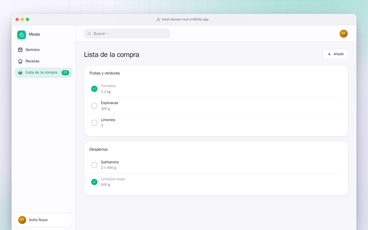 Planificador de comidas (Nuxt): la pantalla Lista de la compra