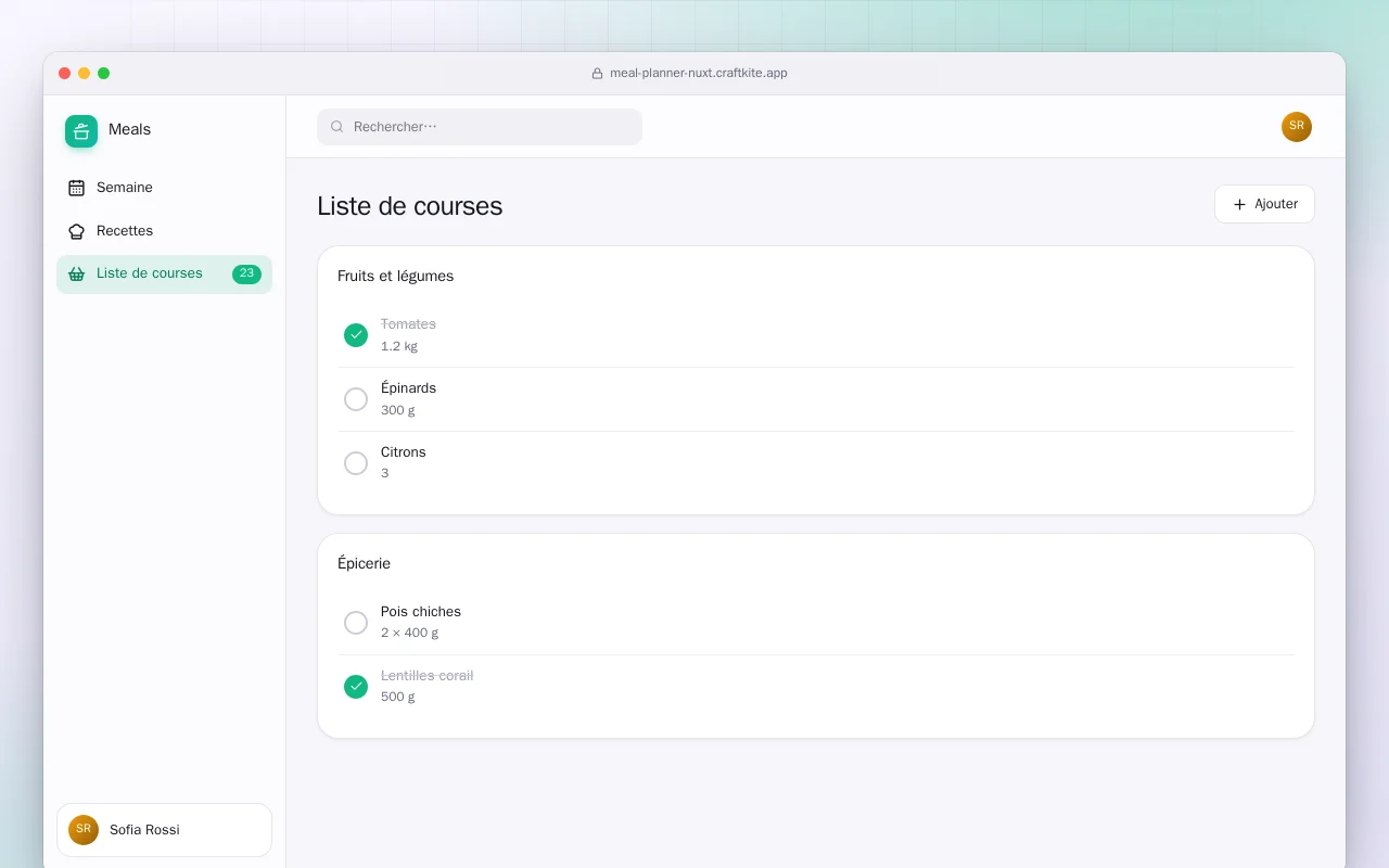 Planificateur de repas (Nuxt) : l’écran Liste de courses