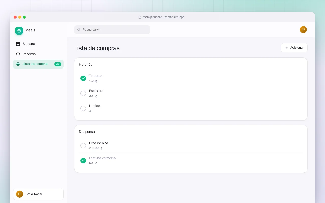 Planejador de refeições (Nuxt): a tela Lista de compras