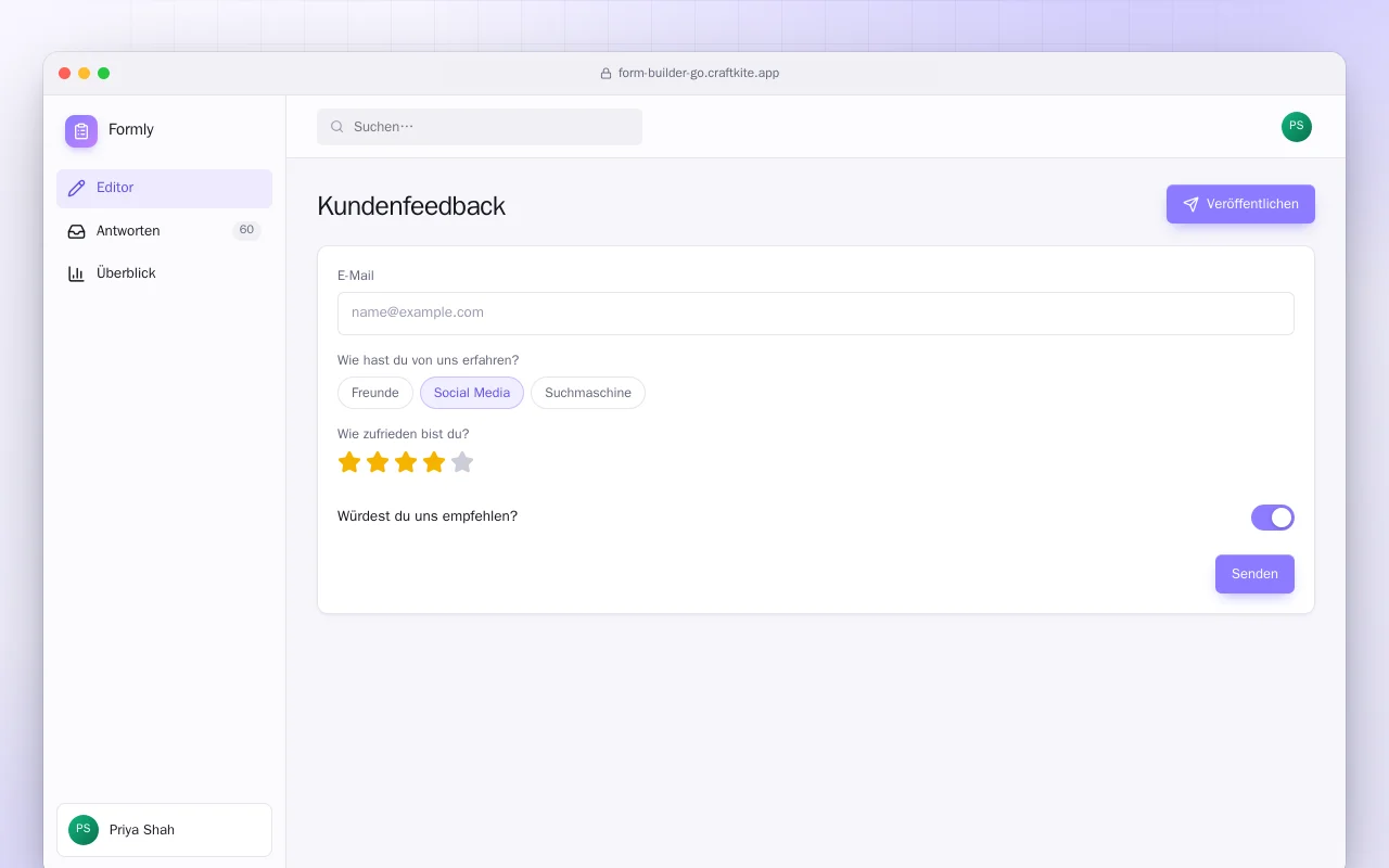 Formular-Baukasten (Go): der Bildschirm „Kundenfeedback“