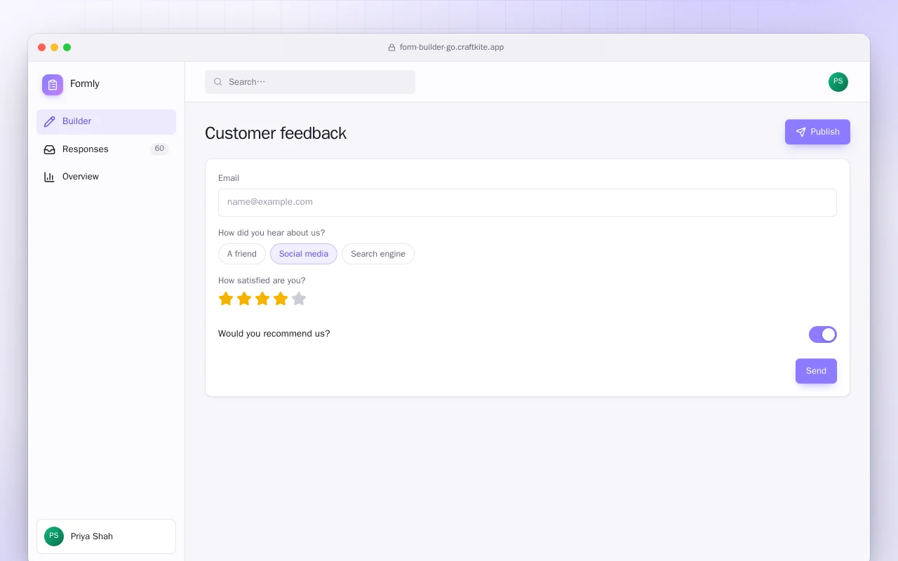 Form Builder (Go): the Customer feedback screen