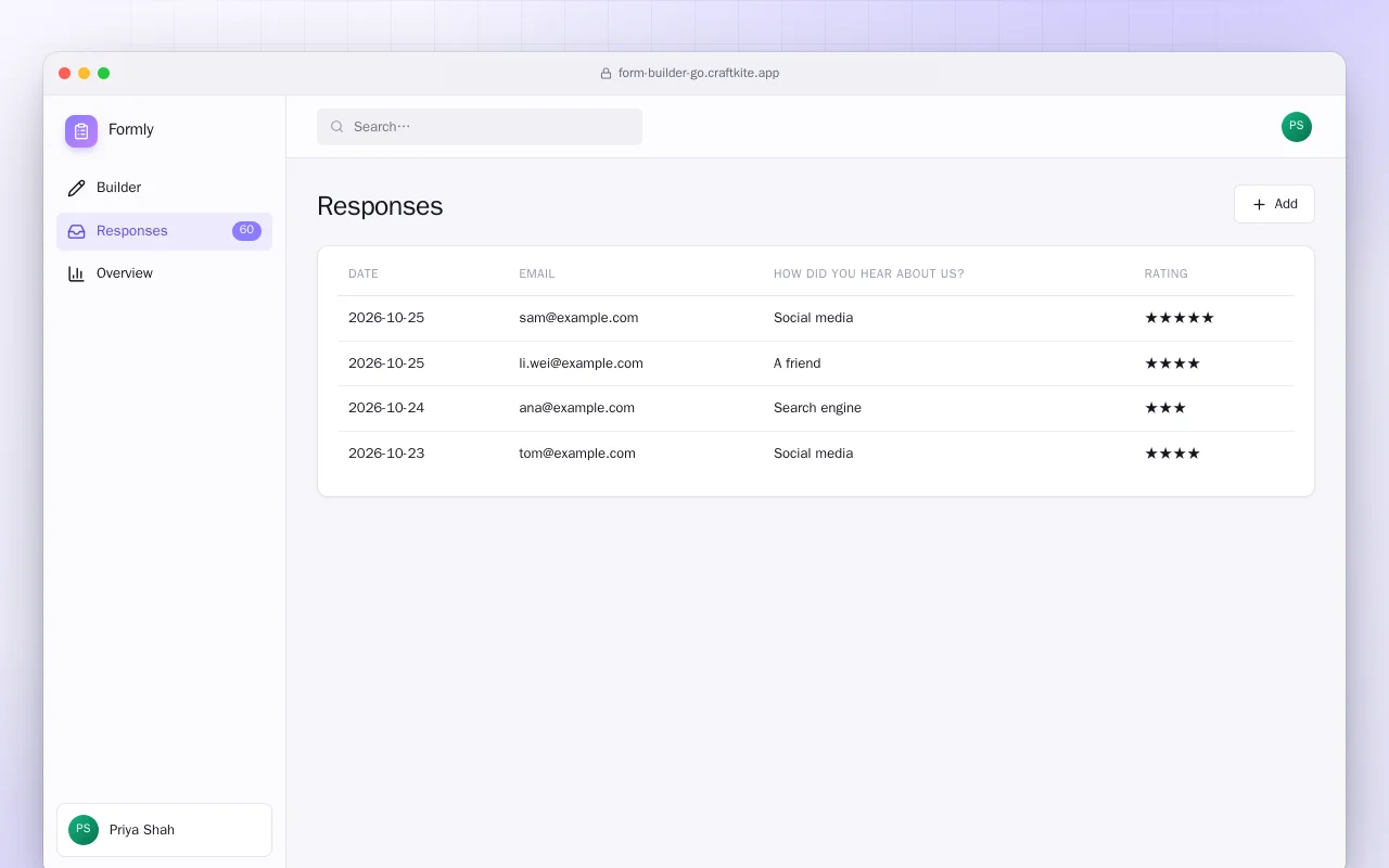 Form Builder (Go): the Responses screen