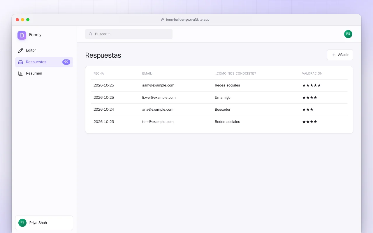 Creador de formularios (Go): la pantalla Respuestas