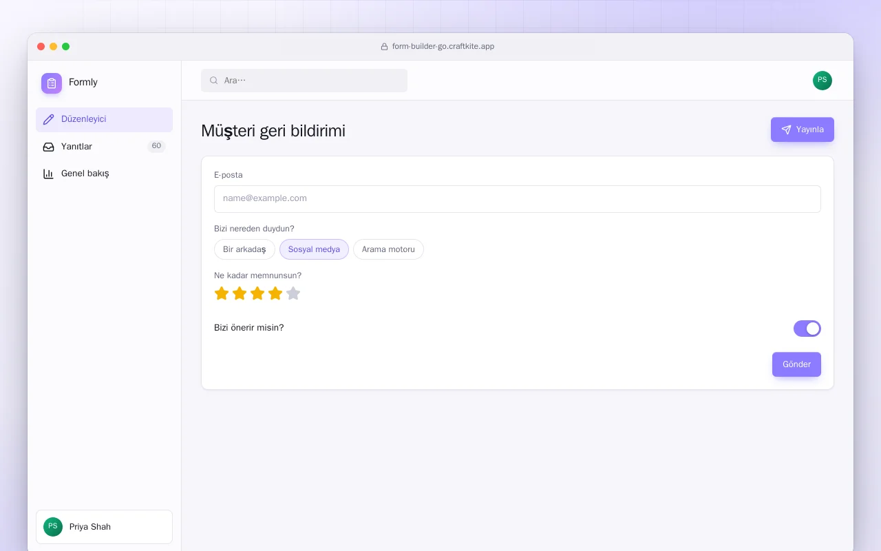 Form Oluşturucu (Go): Müşteri geri bildirimi ekranı