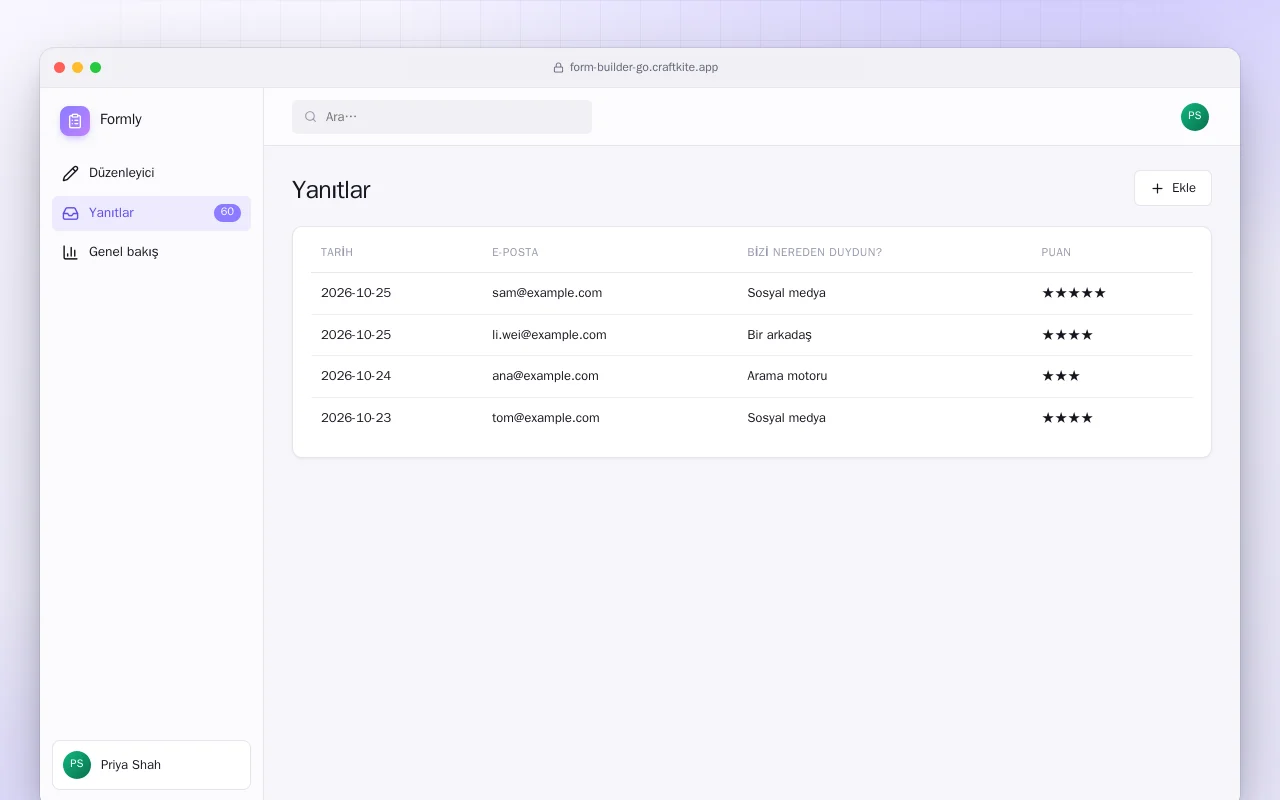 Form Oluşturucu (Go): Yanıtlar ekranı