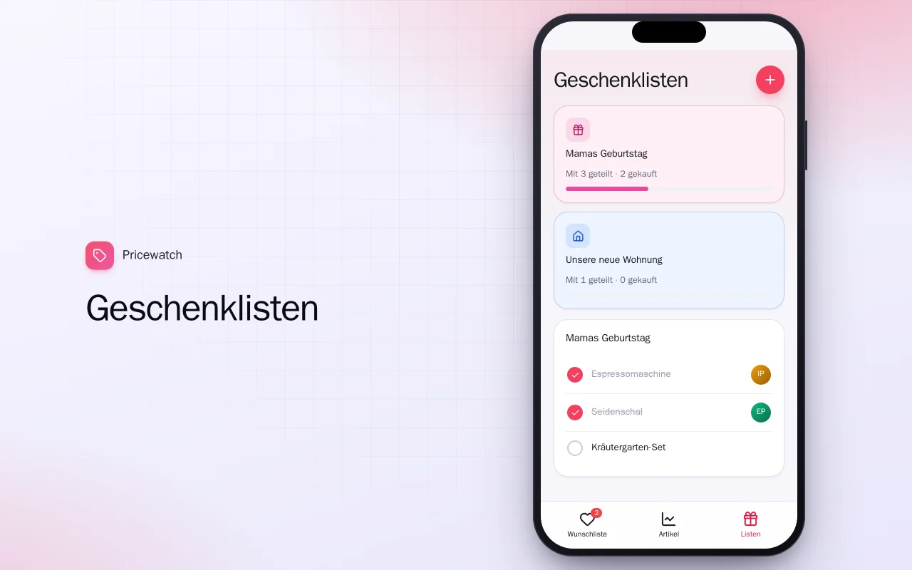 Wunschliste mit Preisalarm: der Bildschirm „Geschenklisten“