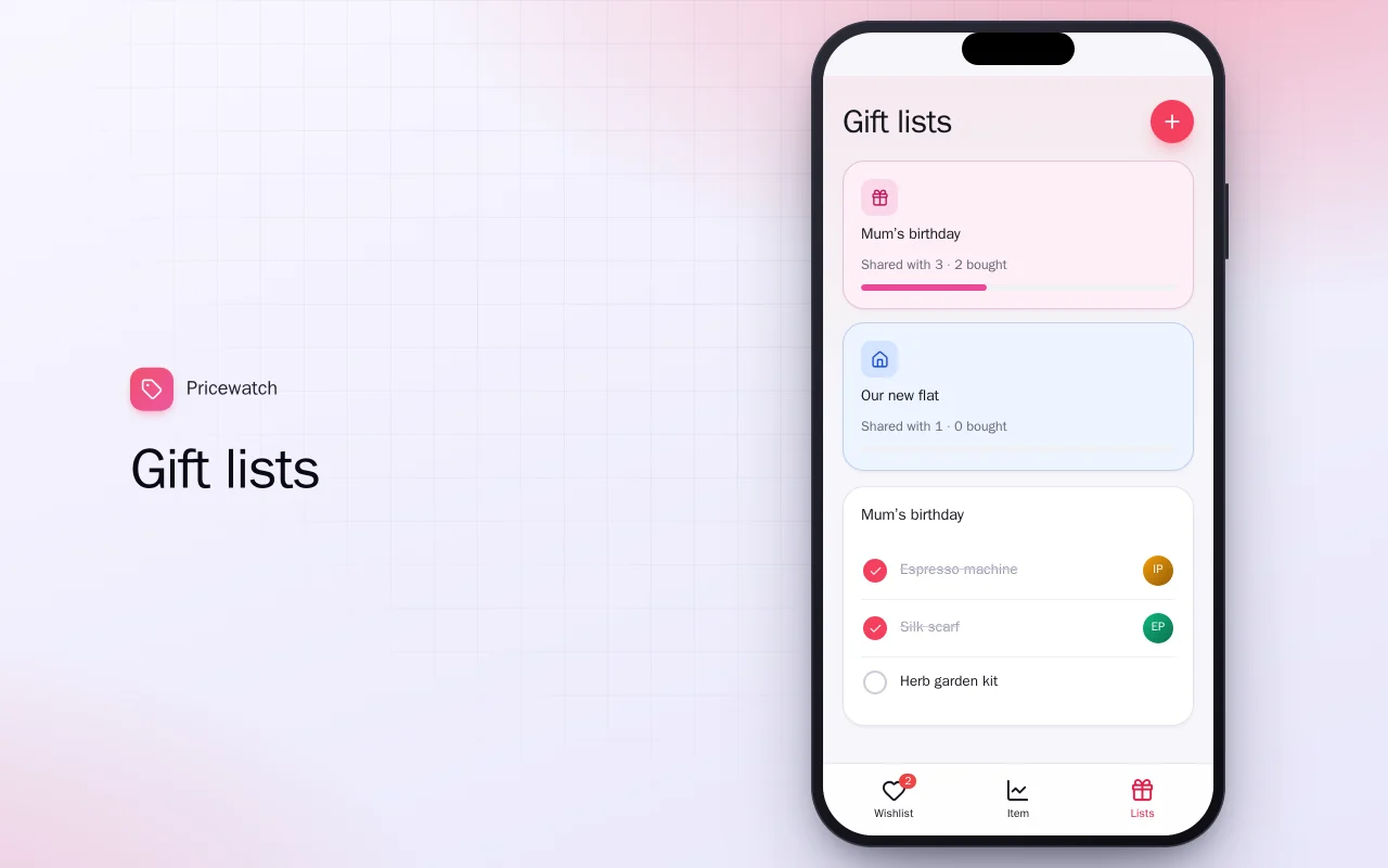 Price drop wishlist: the Gift lists screen