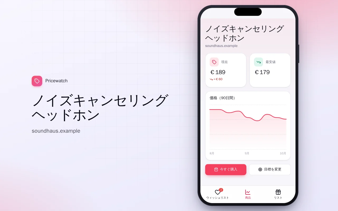 値下がり通知ウィッシュリスト：ノイズキャンセリングヘッドホン画面
