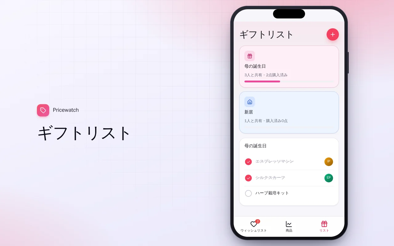 値下がり通知ウィッシュリスト：ギフトリスト画面
