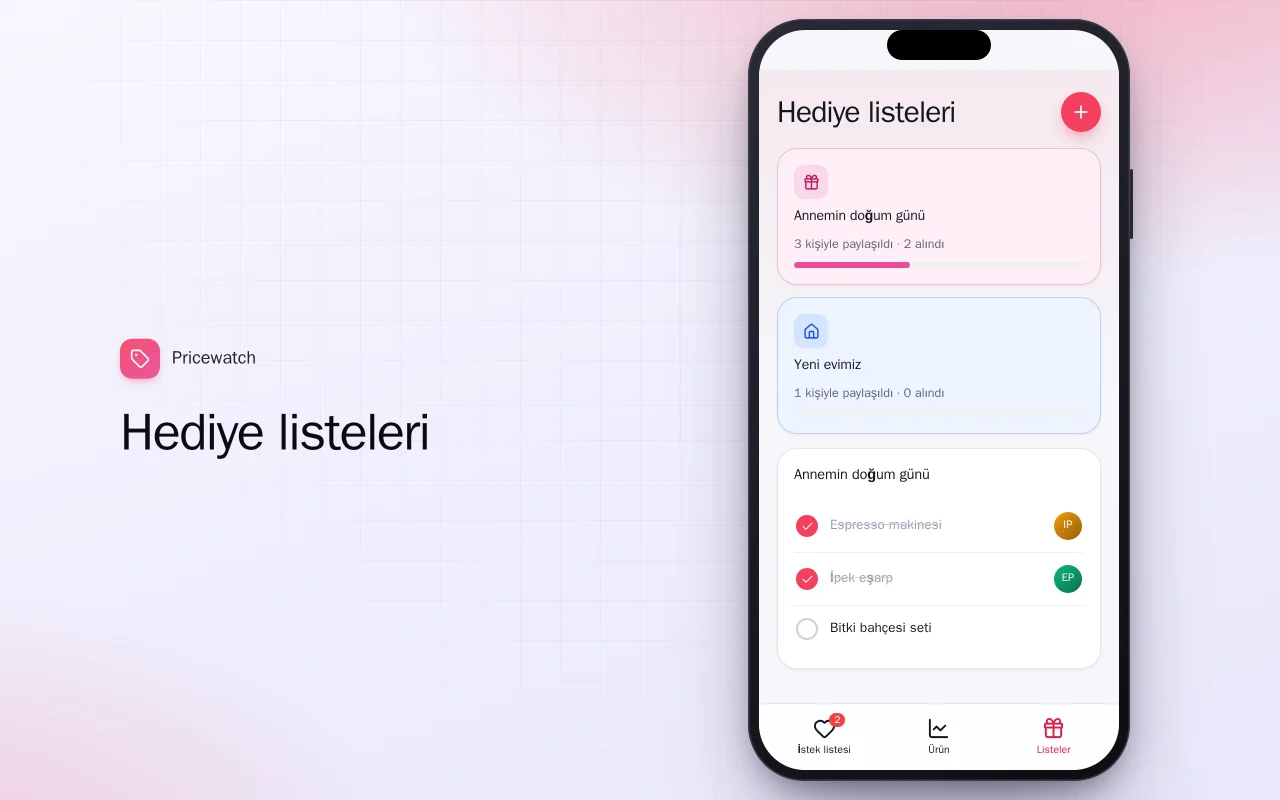 Fiyat düşüşü istek listesi: Hediye listeleri ekranı