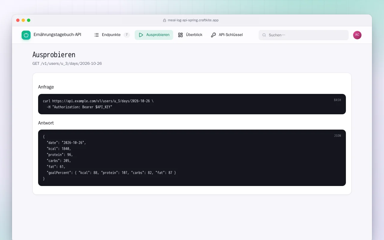 Ernährungstagebuch-API (Spring Boot): der Bildschirm „Ausprobieren“