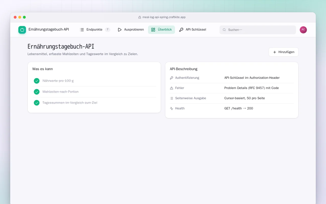 Ernährungstagebuch-API (Spring Boot): der Bildschirm „Ernährungstagebuch-API“