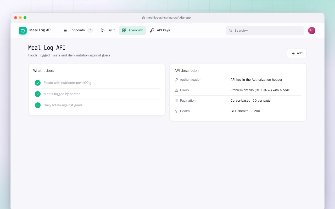 Meal Log API (Spring Boot): the Meal Log API screen