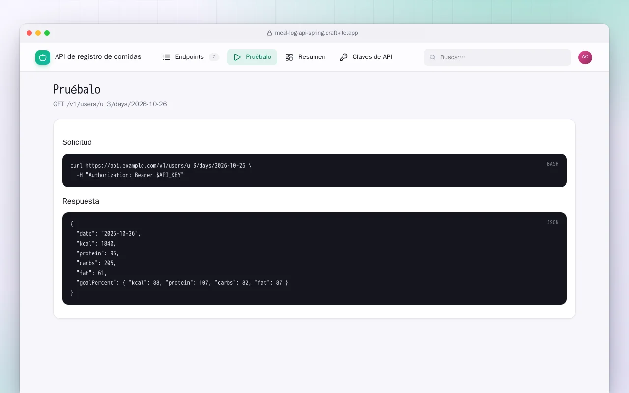 API de registro de comidas (Spring Boot): la pantalla Pruébalo