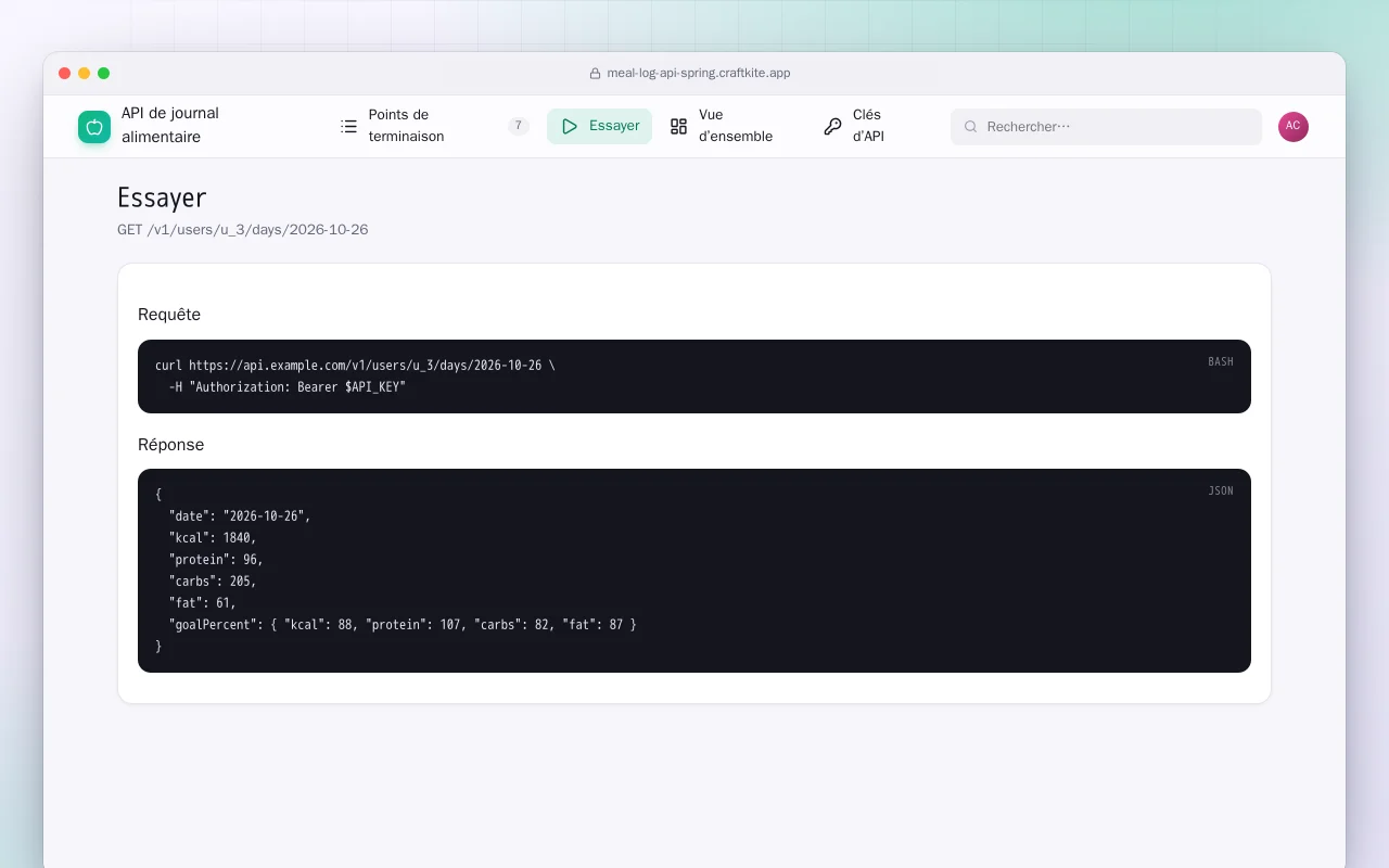 API de journal alimentaire (Spring Boot) : l’écran Essayer