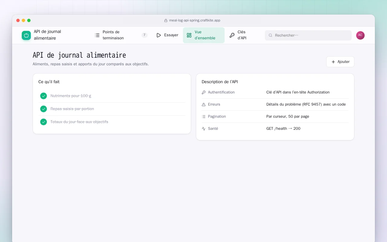 API de journal alimentaire (Spring Boot) : l’écran API de journal alimentaire