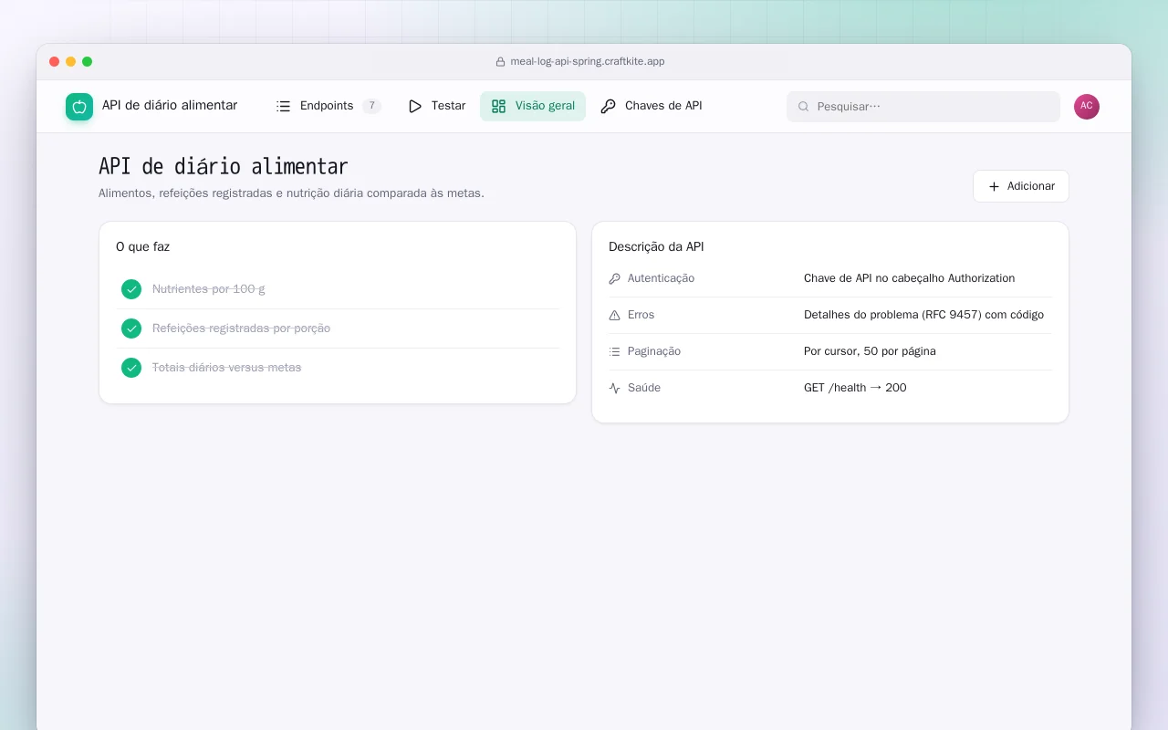 API de diário alimentar (Spring Boot): a tela API de diário alimentar